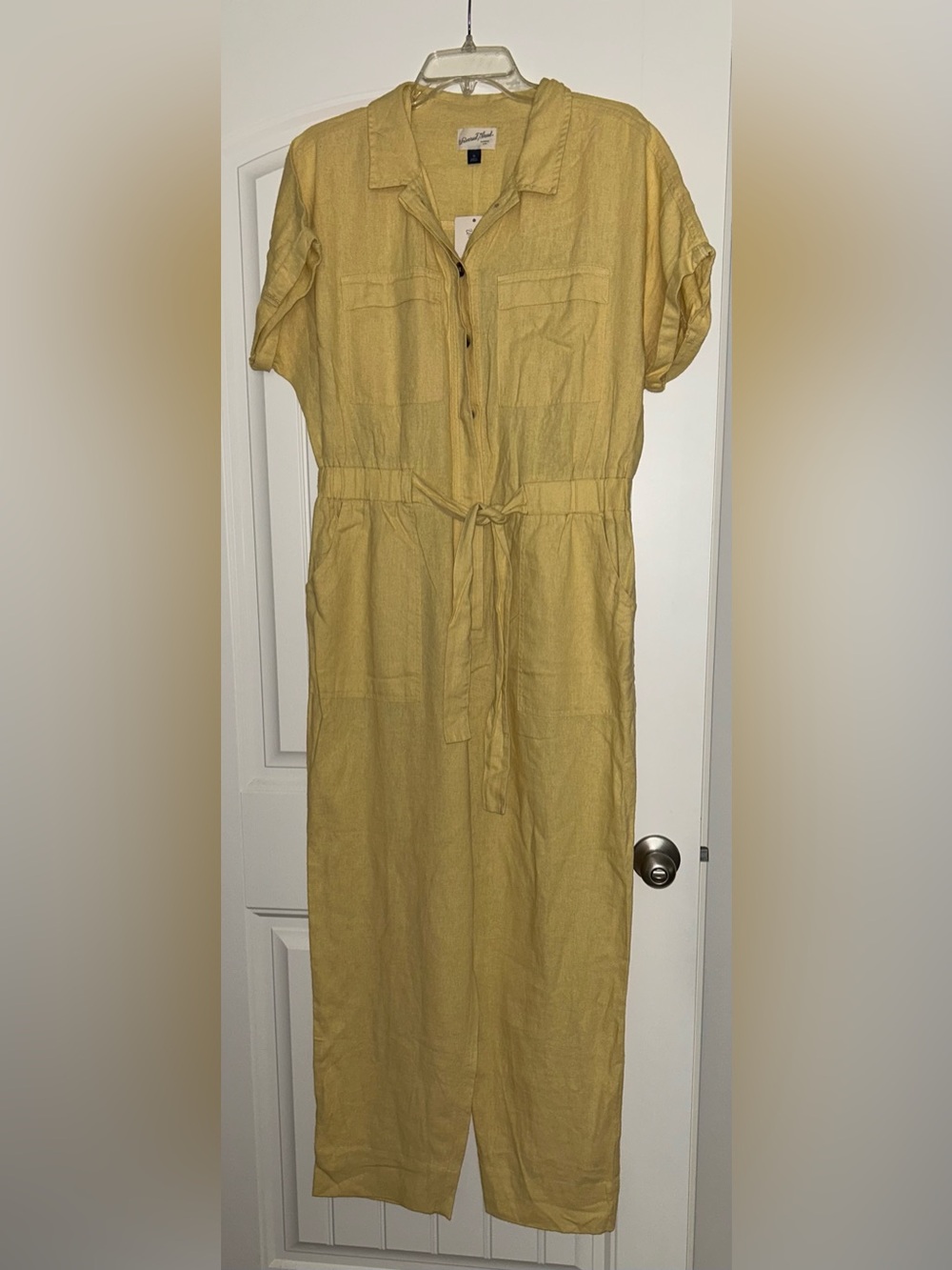 Universal Thread Pale Yellow Button-Front Tie-Waist Jumpsuit